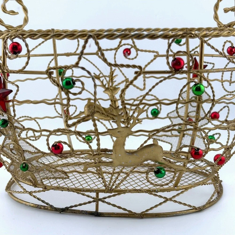 Gold Wire Christmas Basket Reindeer Star Tree Beaded Holiday Decor Centerpiece